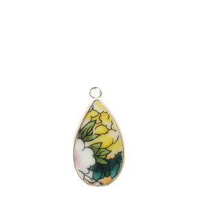 Floral Porcelain Teardrop Pendant‎ Yellow Peony Broken China Transferware Charm